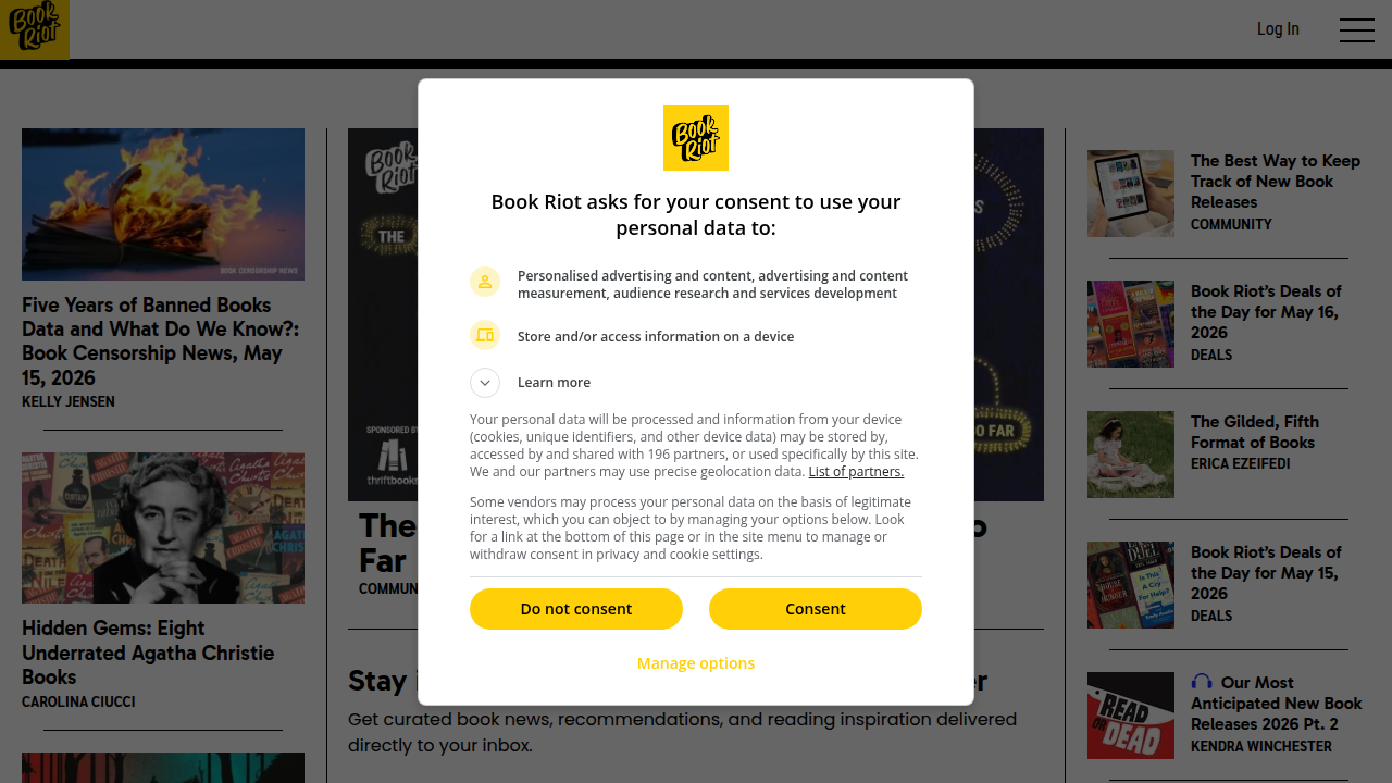 A screenshot of the Book Riot homepage, a popular source for curated lists and reading challenges.