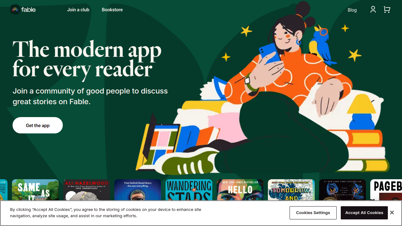 A screenshot of the Fable platform homepage, showcasing an online book club community.