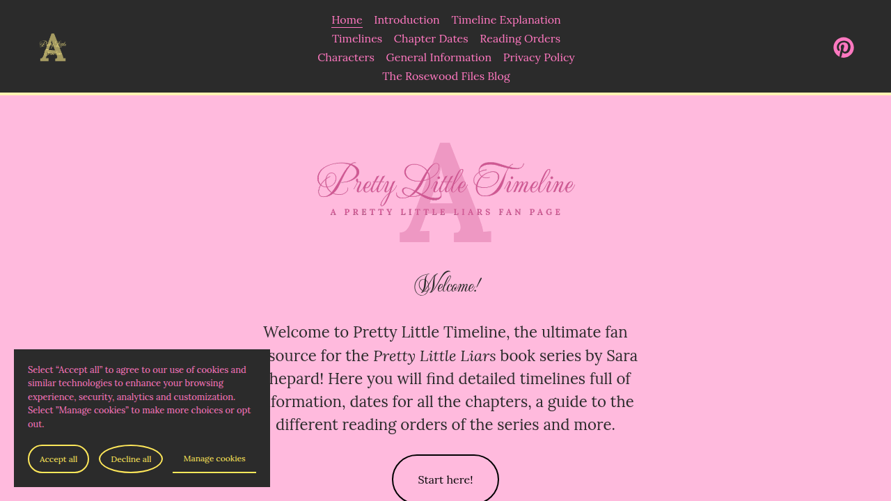 The homepage of Pretty Little Timeline, a resource for navigating the complex reading order of the Pretty Little Liars franchise.