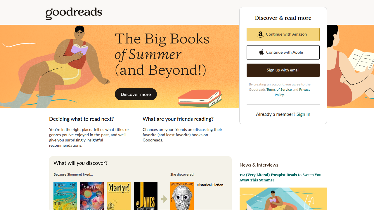 The homepage of Goodreads, a popular platform for tracking books, reading, and discovering new titles.