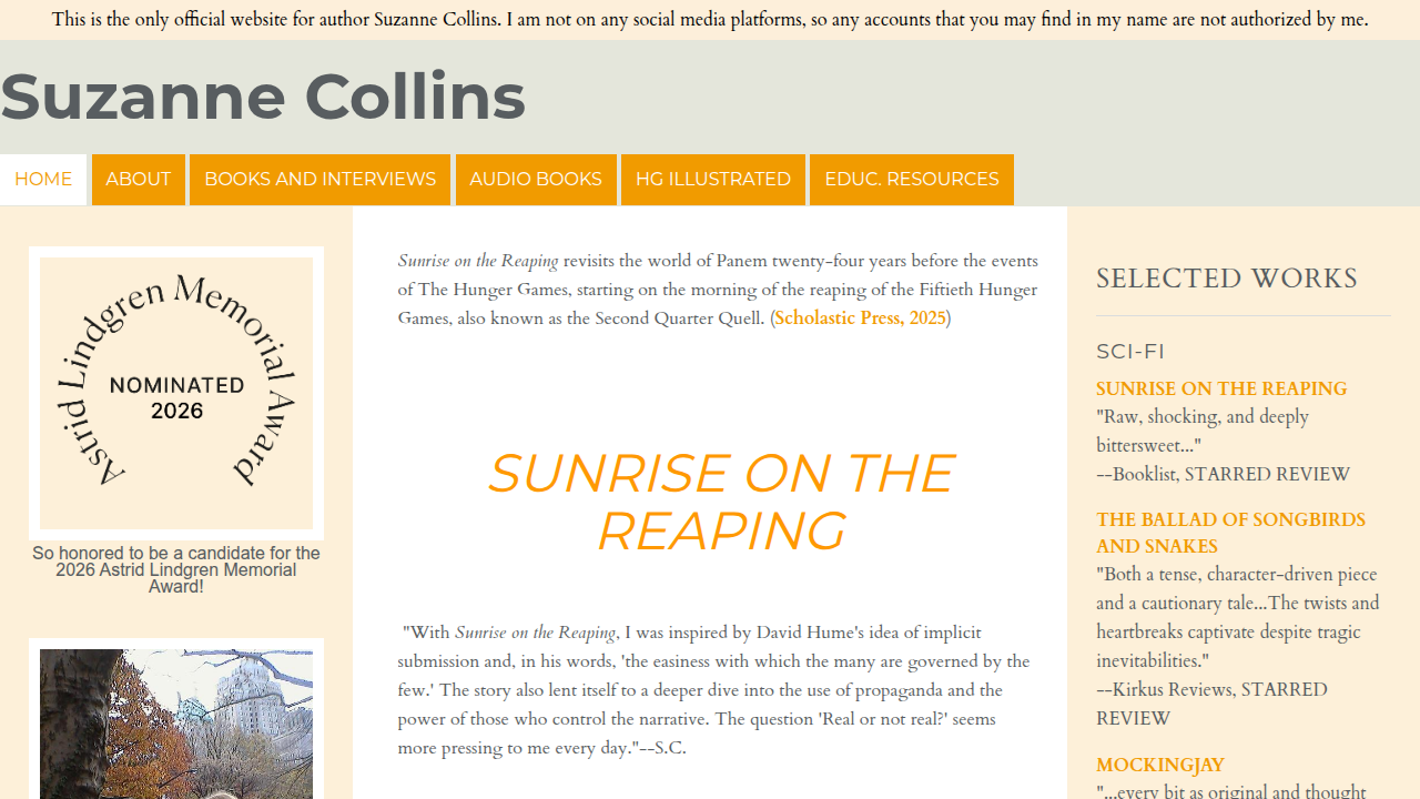The official website for Suzanne Collins provides a hub for fans to explore her acclaimed works, including 'The Hunger Games' series and insights into her literary contributions.