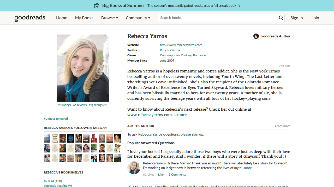 Rebecca Yarros's extensive Goodreads profile highlights her prolific career, showcasing a wide array of contemporary romance novels that laid the foundation for her fantasy success.