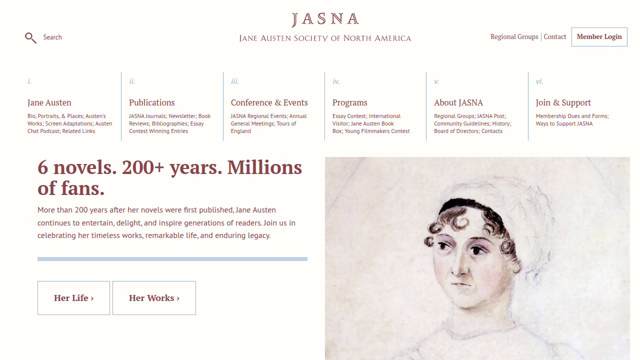 The official website for the Jane Austen Society of North America, a resource for scholarly articles and discussions.