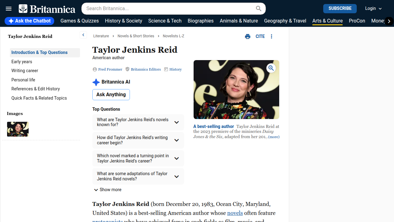 Britannica's entry for Taylor Jenkins Reid, highlighting her bestselling author status.