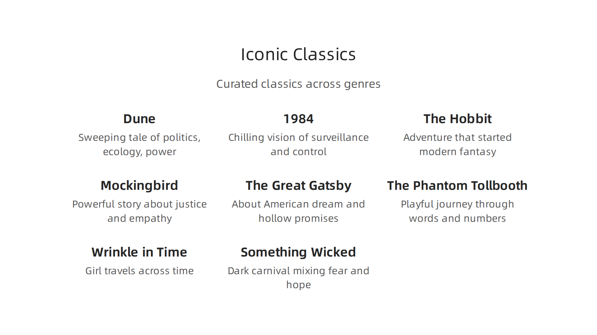 A curated selection of classic books from various genres, highlighting their enduring appeal and significance.