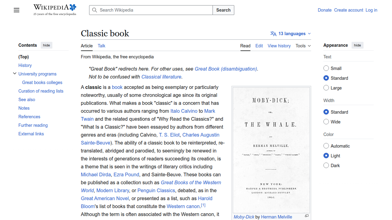 Wikipedia's comprehensive entry on classic books, defining their characteristics and significance.