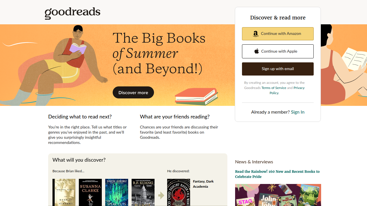 Goodreads platform for readers to track, review, and discover books through community recommendations.