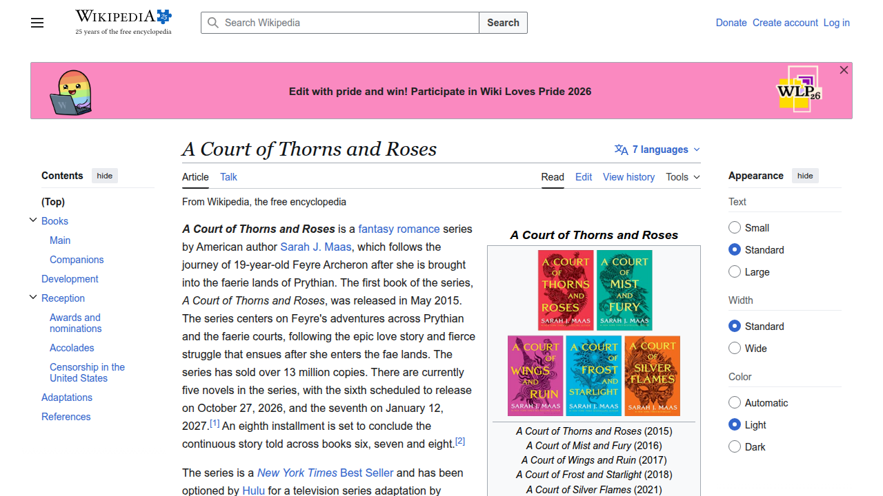 Screenshot of the Wikipedia entry for 'A Court of Thorns and Roses,' providing an overview of the book series.