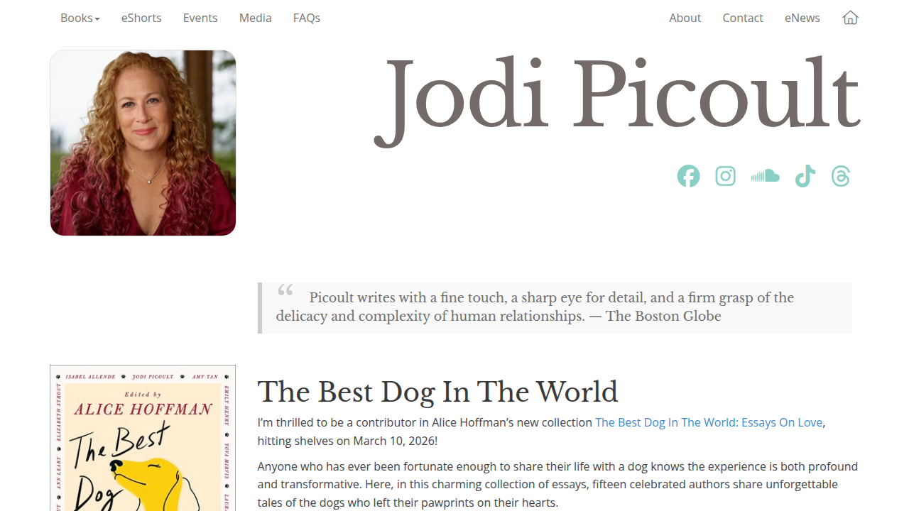 Explore the extensive bibliography and awards of bestselling author Jodi Picoult on her official website.