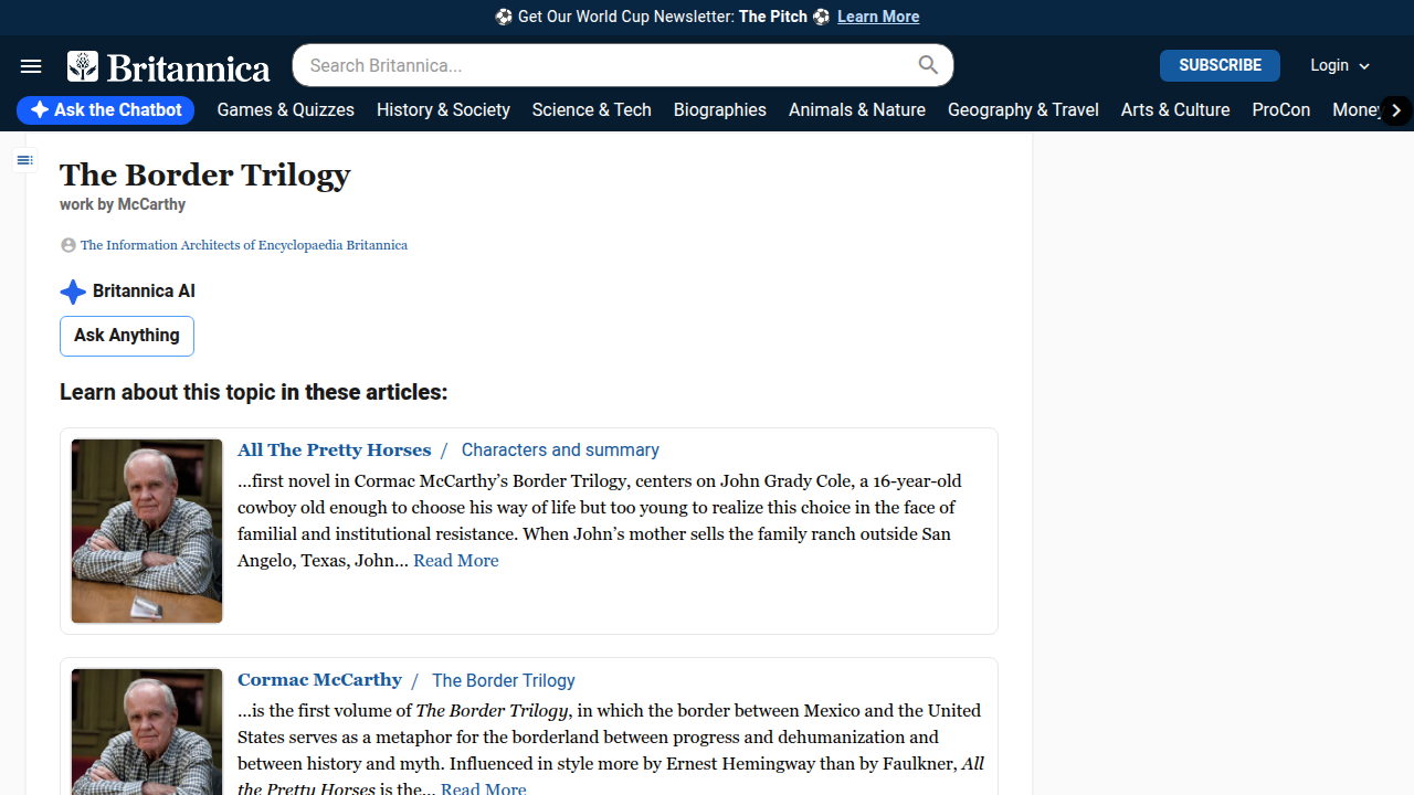 An overview of Cormac McCarthy's Border Trilogy on Britannica, detailing its themes and significance.