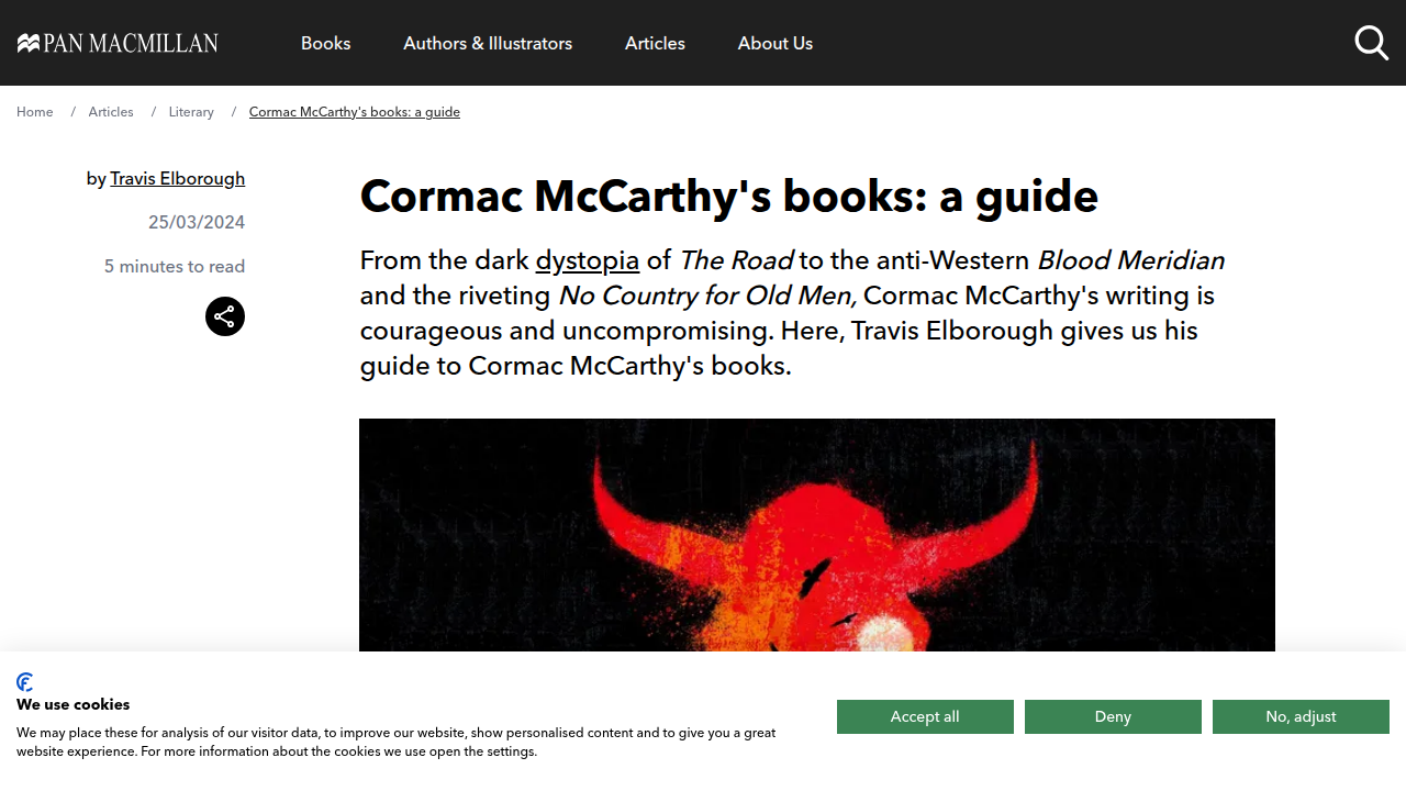 A dedicated page from Pan Macmillan detailing Cormac McCarthy's extensive book catalog.