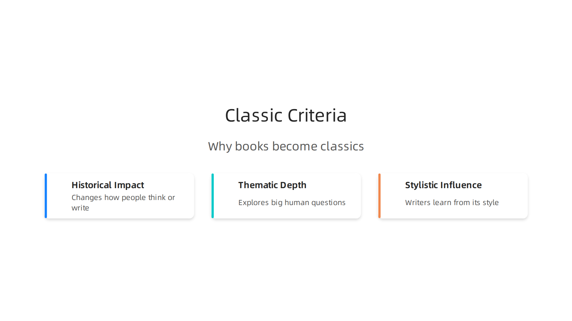 Key criteria that define a book as a literary classic, showcasing its lasting impact and influence.