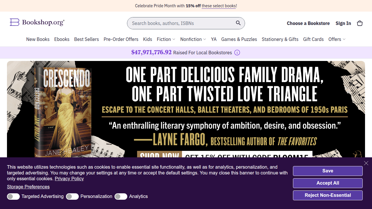 Bookshop.org's homepage, a platform supporting independent bookstores and featuring curated reading lists.
